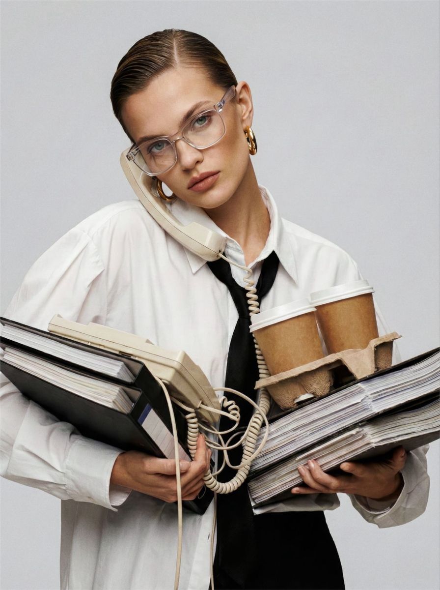 A woman holding stacks of files, a phone handset and coffee cups